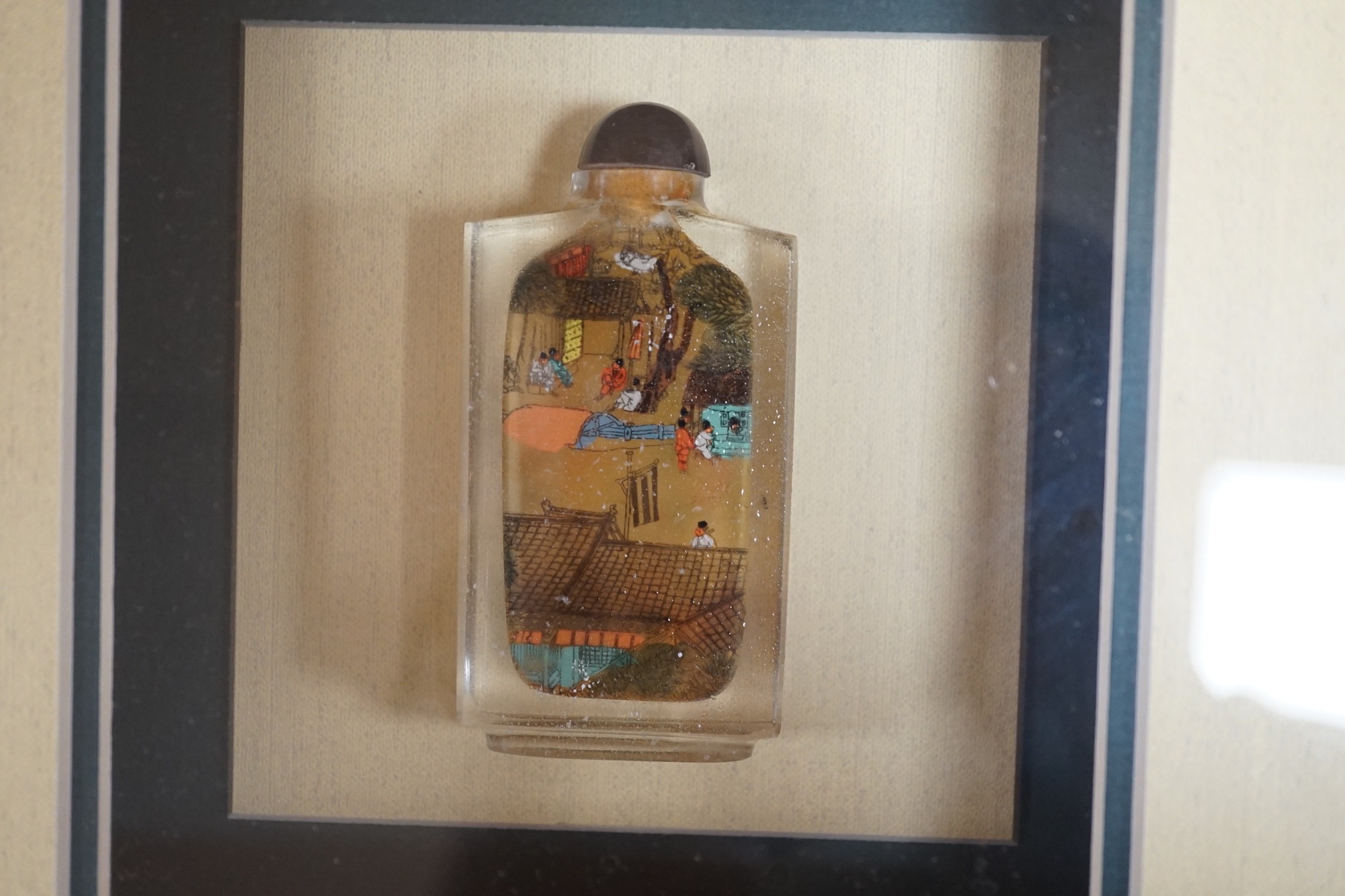 Three framed and mounted Chinese inside-painted snuff bottles and four other items